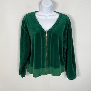 Vintage Y2K Womens VELOUR Jacket Sz LP Dark Green FULL ZIP Long Sleeve Holiday